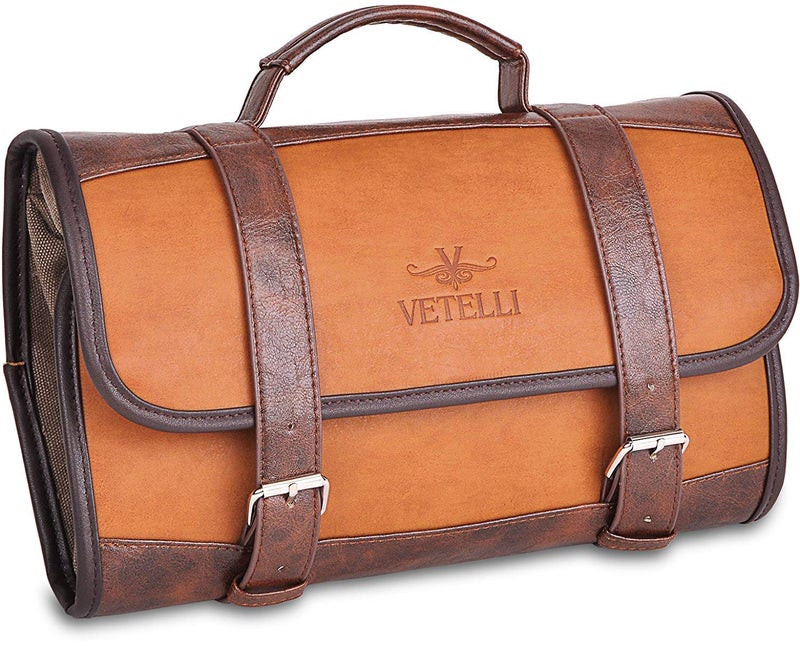 Vetelli Leather Toiletry Bag for Men - Water Resistant, 2 Zippered Internal Pockets, 2 Snap-Fastened Internal Pockets, and Hanging Hook. - Image 1